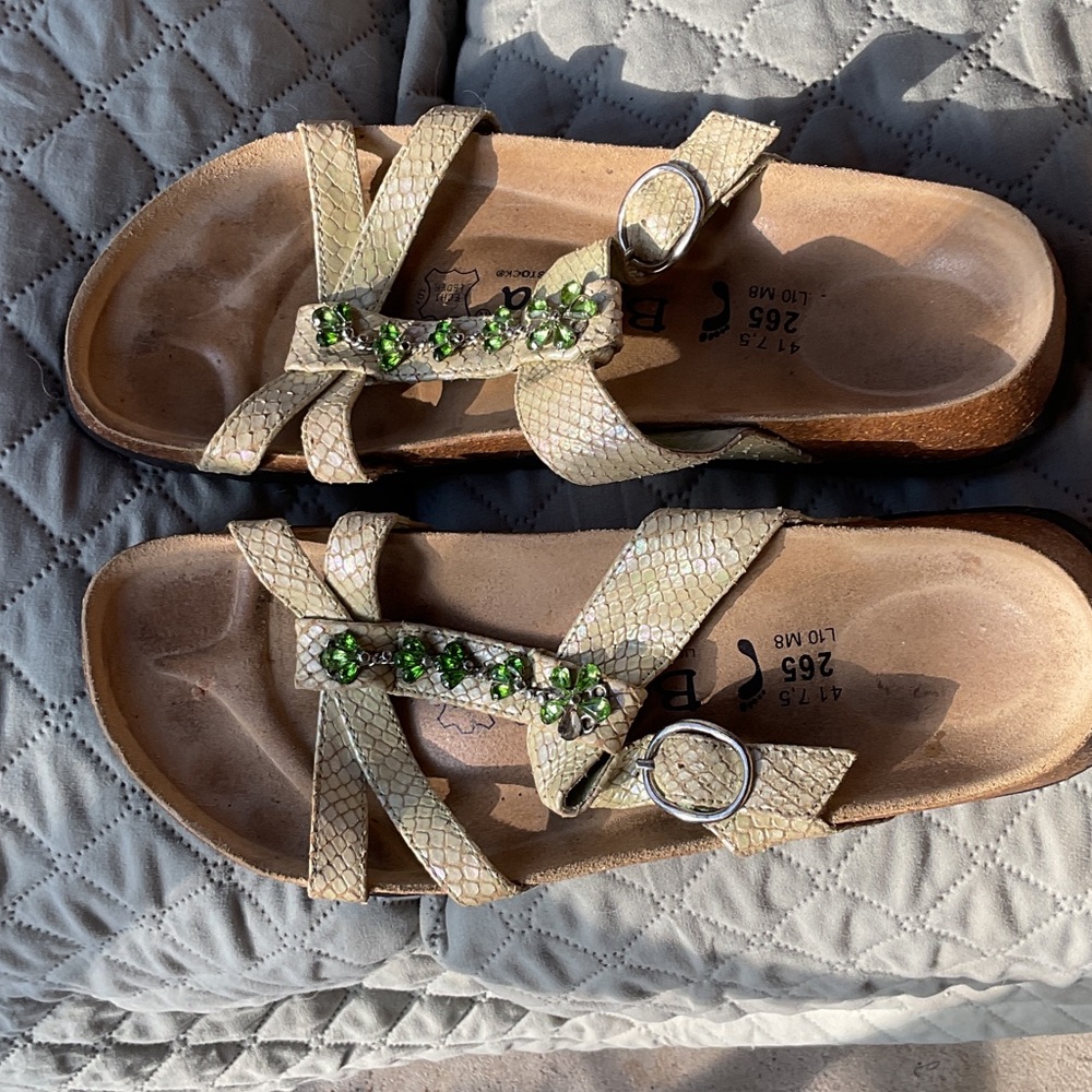 Birkenstock Pale green shimmer Snake-Print Slide Sandals with Green Gem Accents - Picture 7 of 10